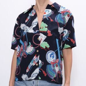 Re/Done Womens Japanese Tsuru Hawaiian Crane Shirt Size M Bird Tropical Novelty